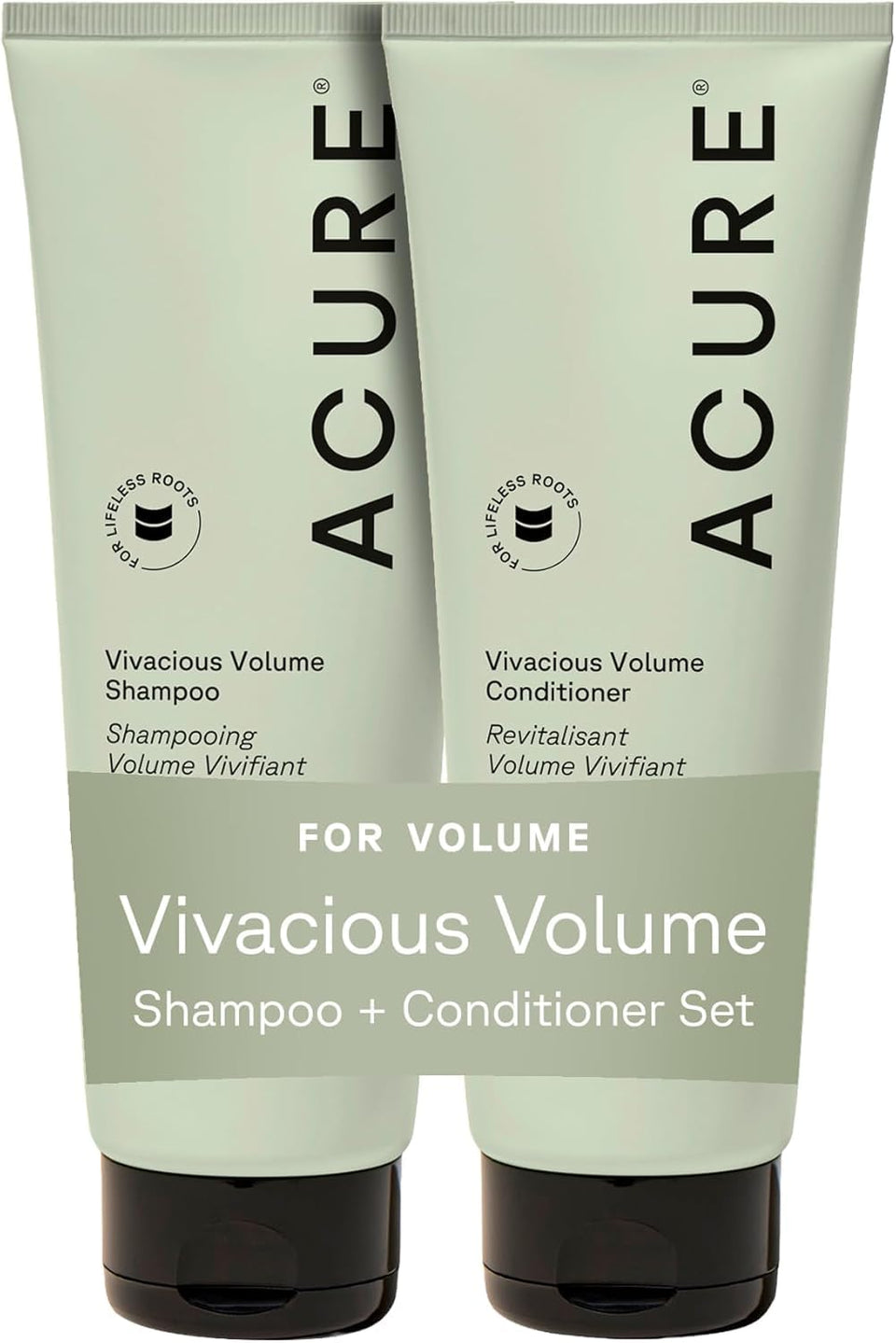 Acure front packaging showing volumizing shampoo and conditioner benefits