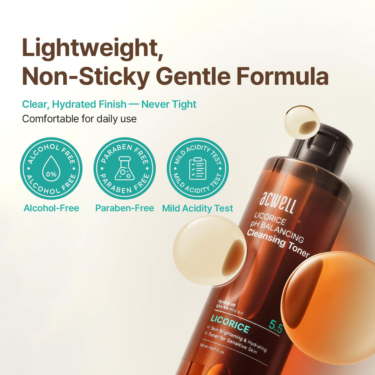 ACWELL label detail highlighting pH 5.5 and alcohol-free claim