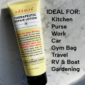 Adamia tube next to everyday items showing 4-ounce travel convenience