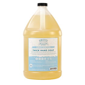 Adams Handmade gallon bottle front label showing organic unscented castile soap benefit refill
