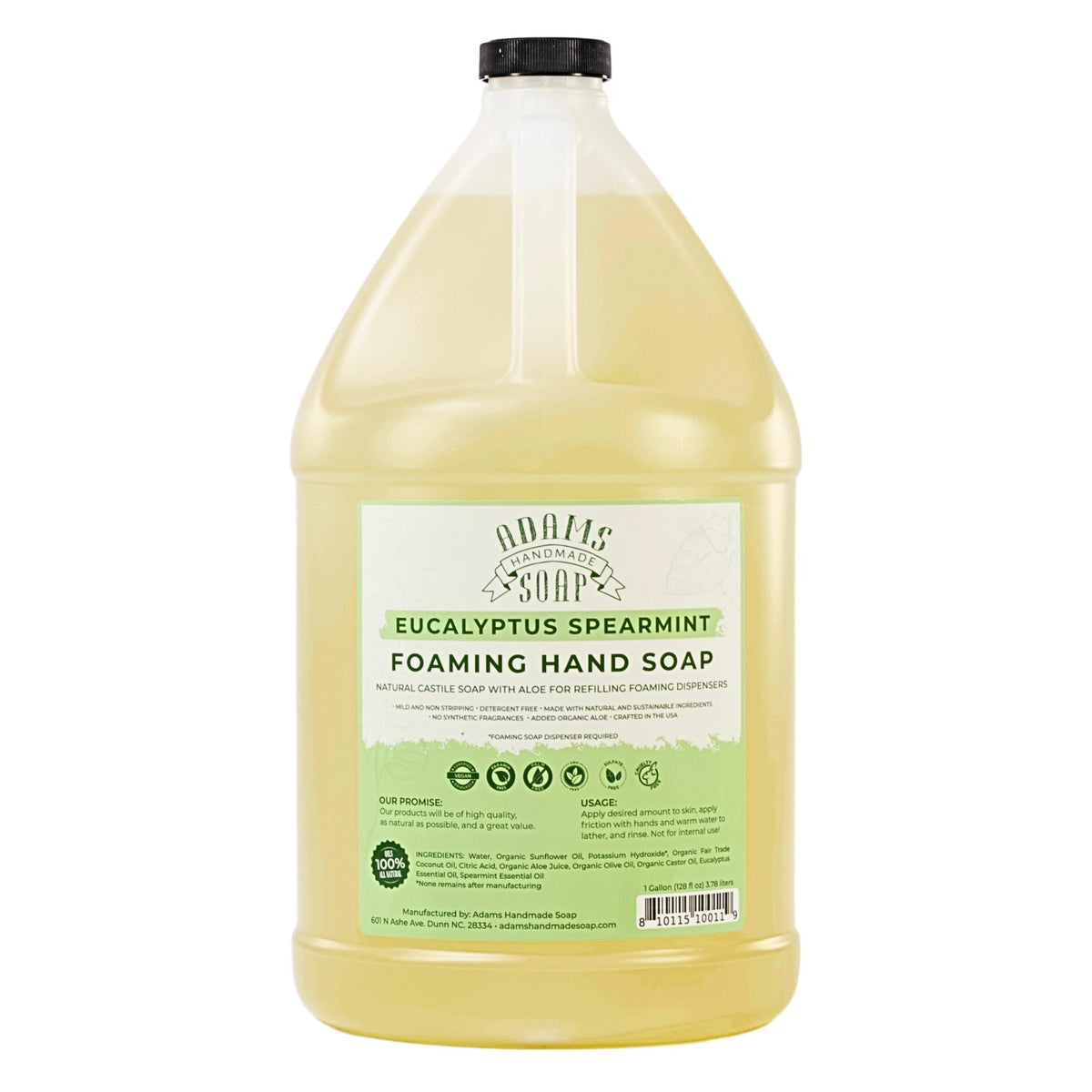 Adams Handmade Soap gallon bottle front label showing eucalyptus spearmint for easy refills
