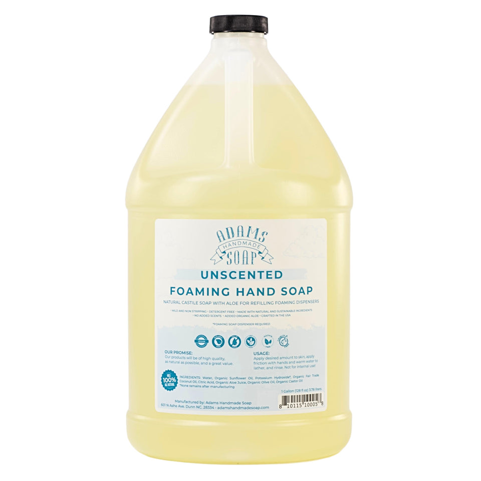 Adams Handmade Soap gallon front label showing unscented refill benefits