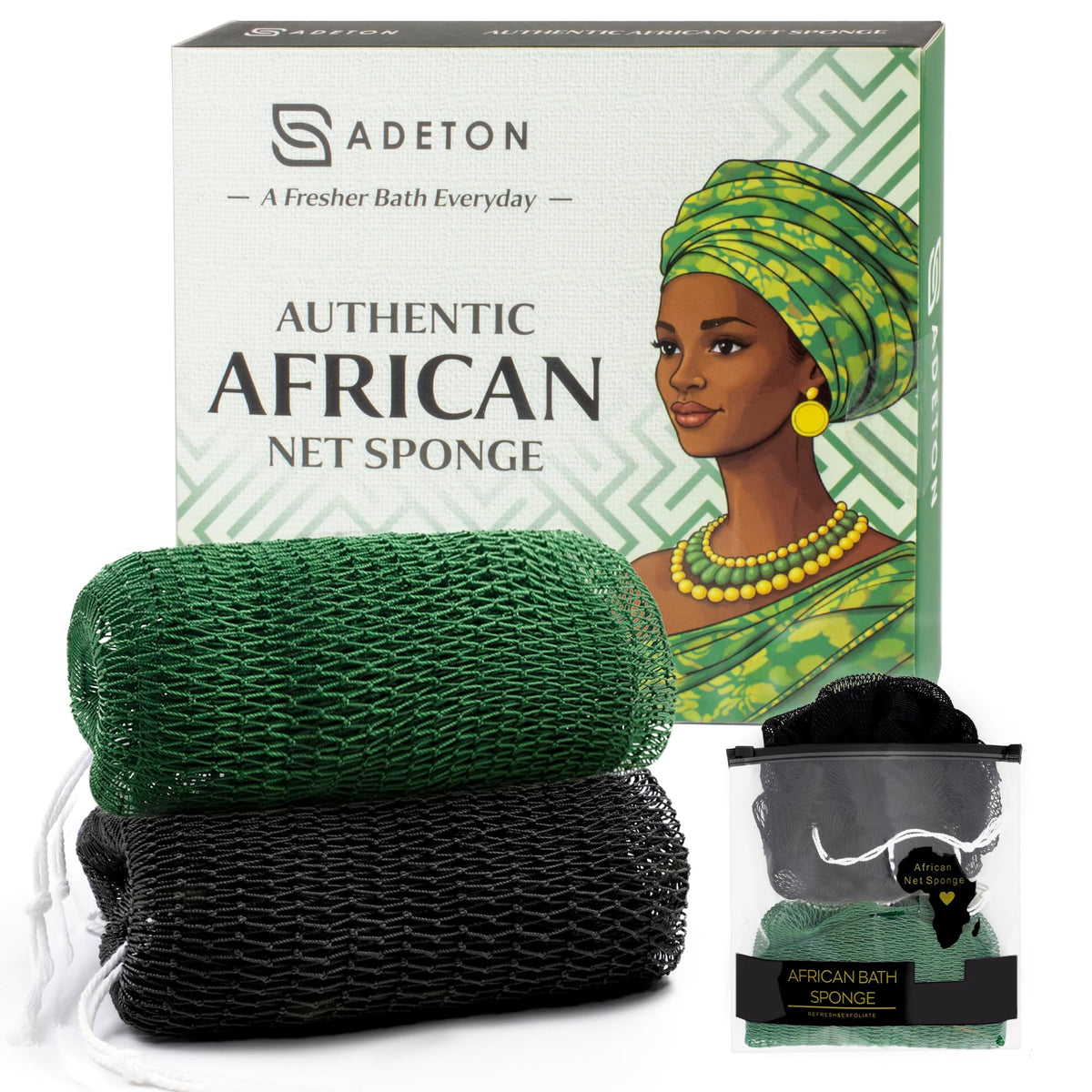ADETON front packaging showing two-color sponges and benefits