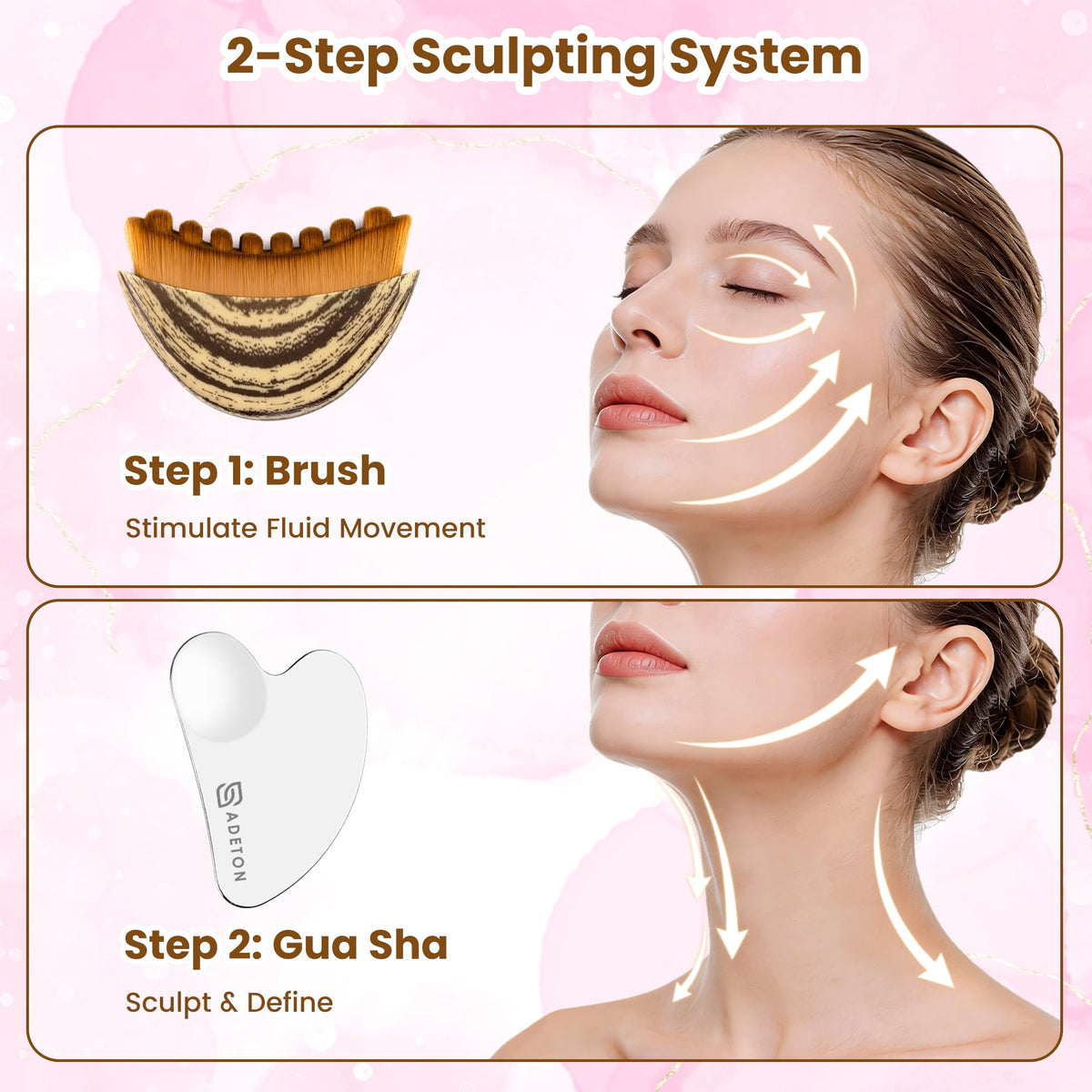 ADETON hand holding brush and gua sha demonstrating scale and ergonomic fit