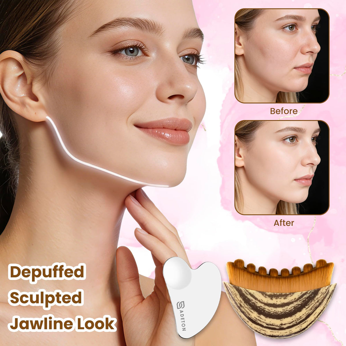 ADETON stainless steel gua sha close-up highlighting precise edge for firm sculpting