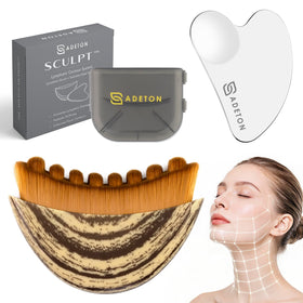 ADETON front view of brush and gua sha set showing compact travel-ready kit and convenience