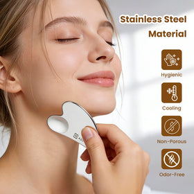 ADETON gua sha placed on forehead illustrating cooling effect for de-puffing relief