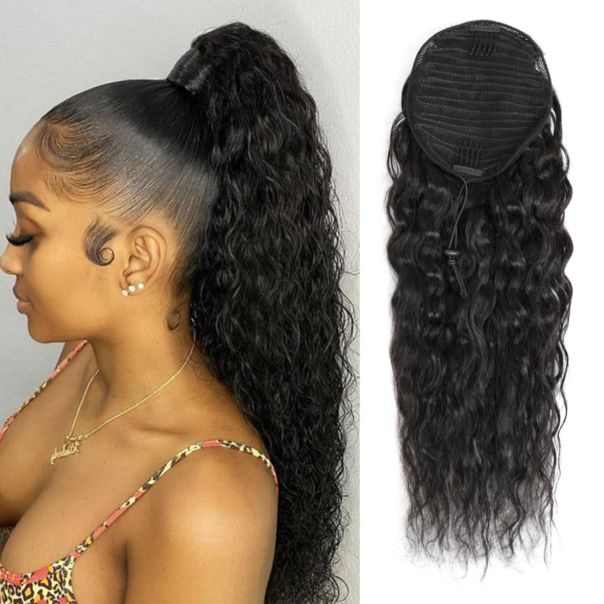 Adette front view of 1B drawstring ponytail showing natural black benefit