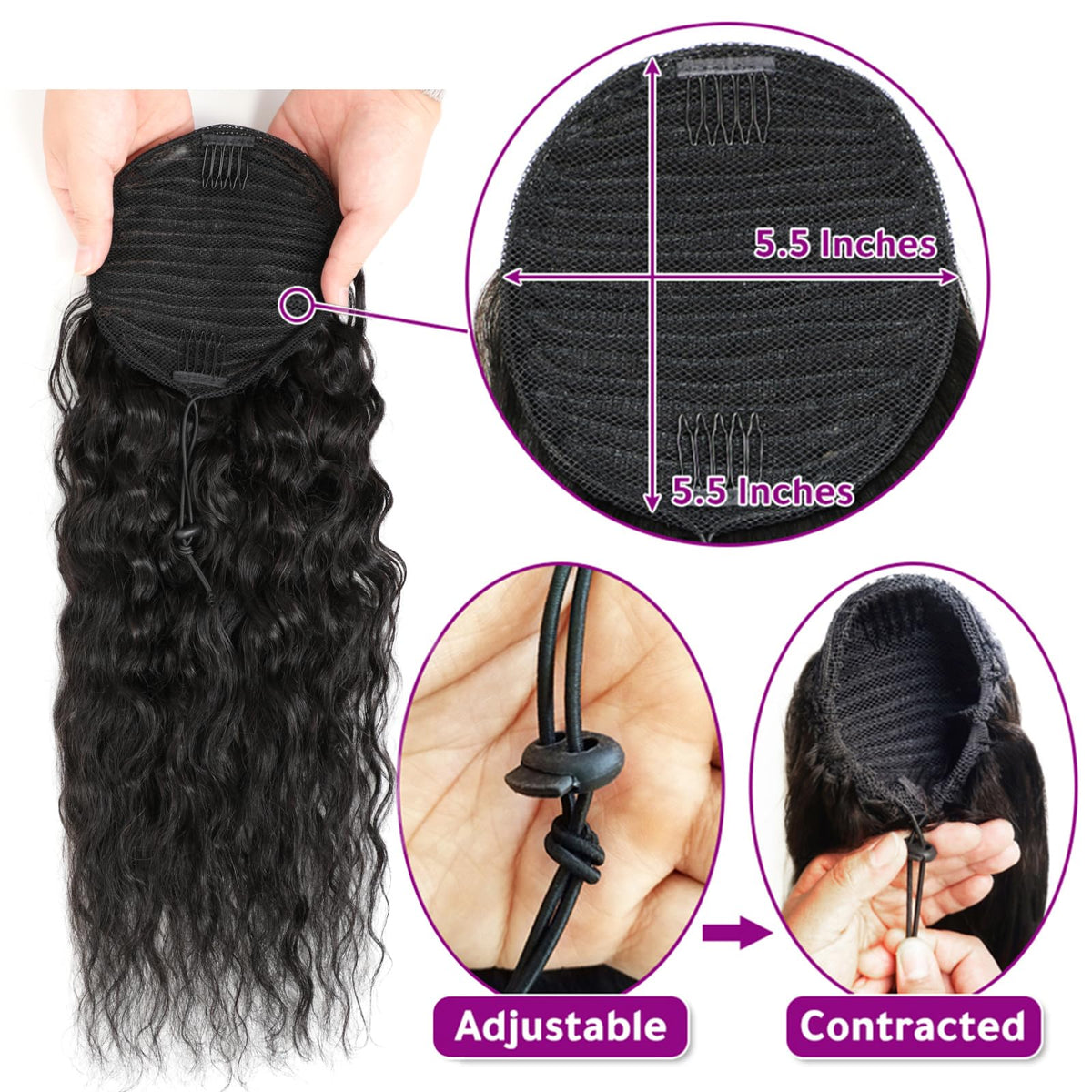 Adette hand holding ponytail to show length and weight benefit