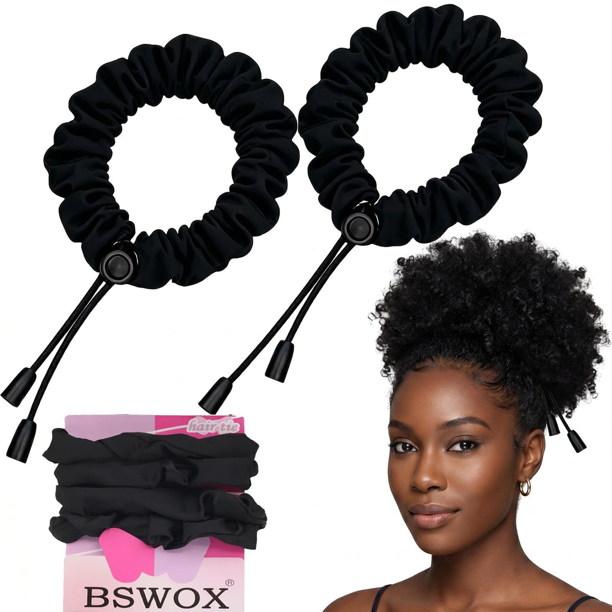 Adjust Satin Hair Tie front view showing black satin and hold benefit