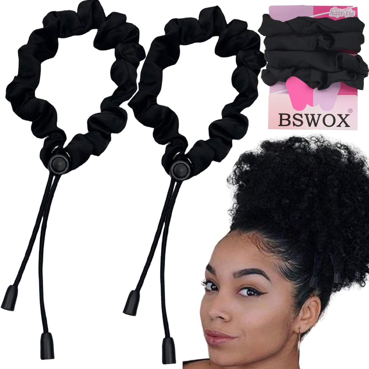 Adjust Satin Hair Tie worn on afro puff demonstrating no-pull benefit
