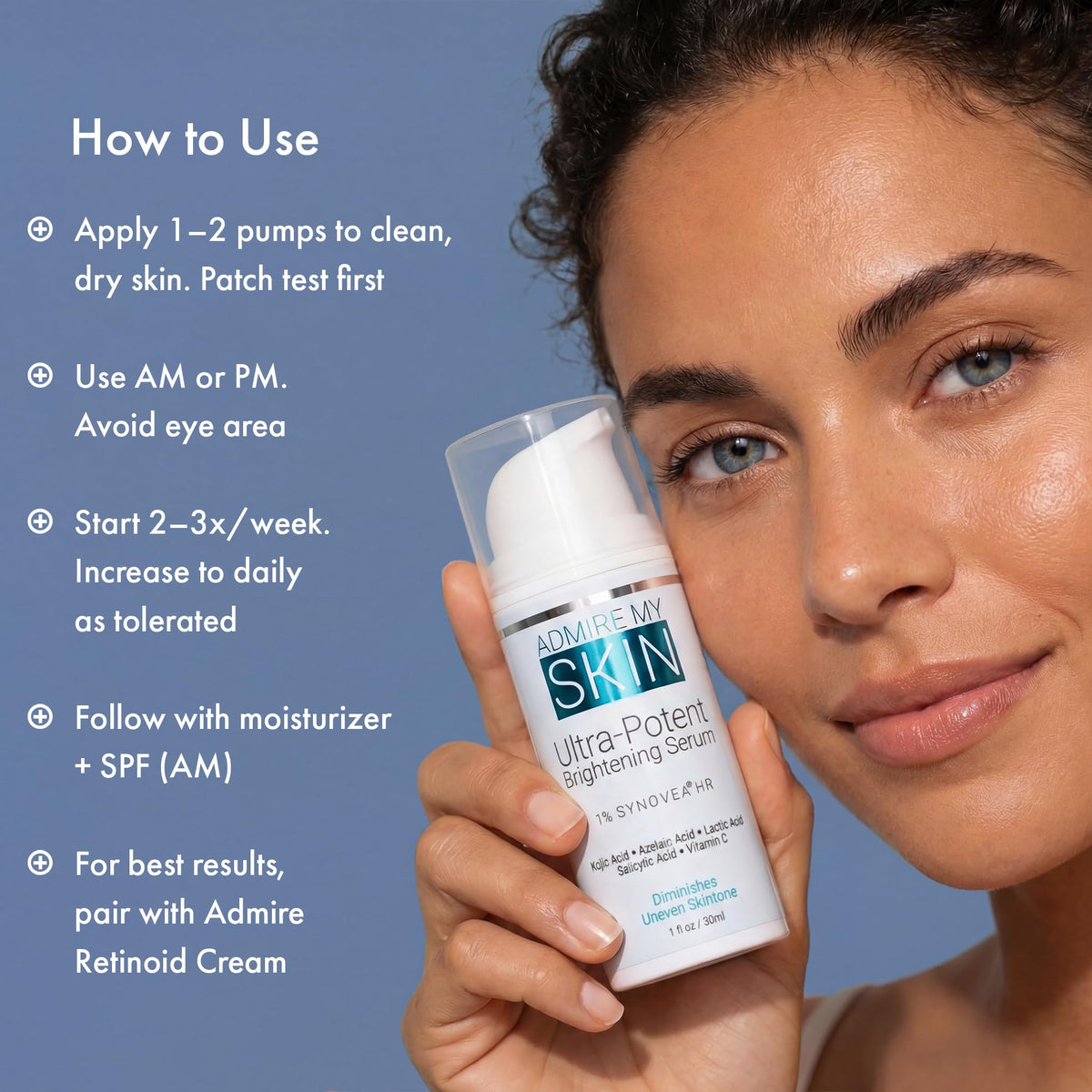 Admire My Skin before and after mockup illustrating visible reduction in dark spots over time