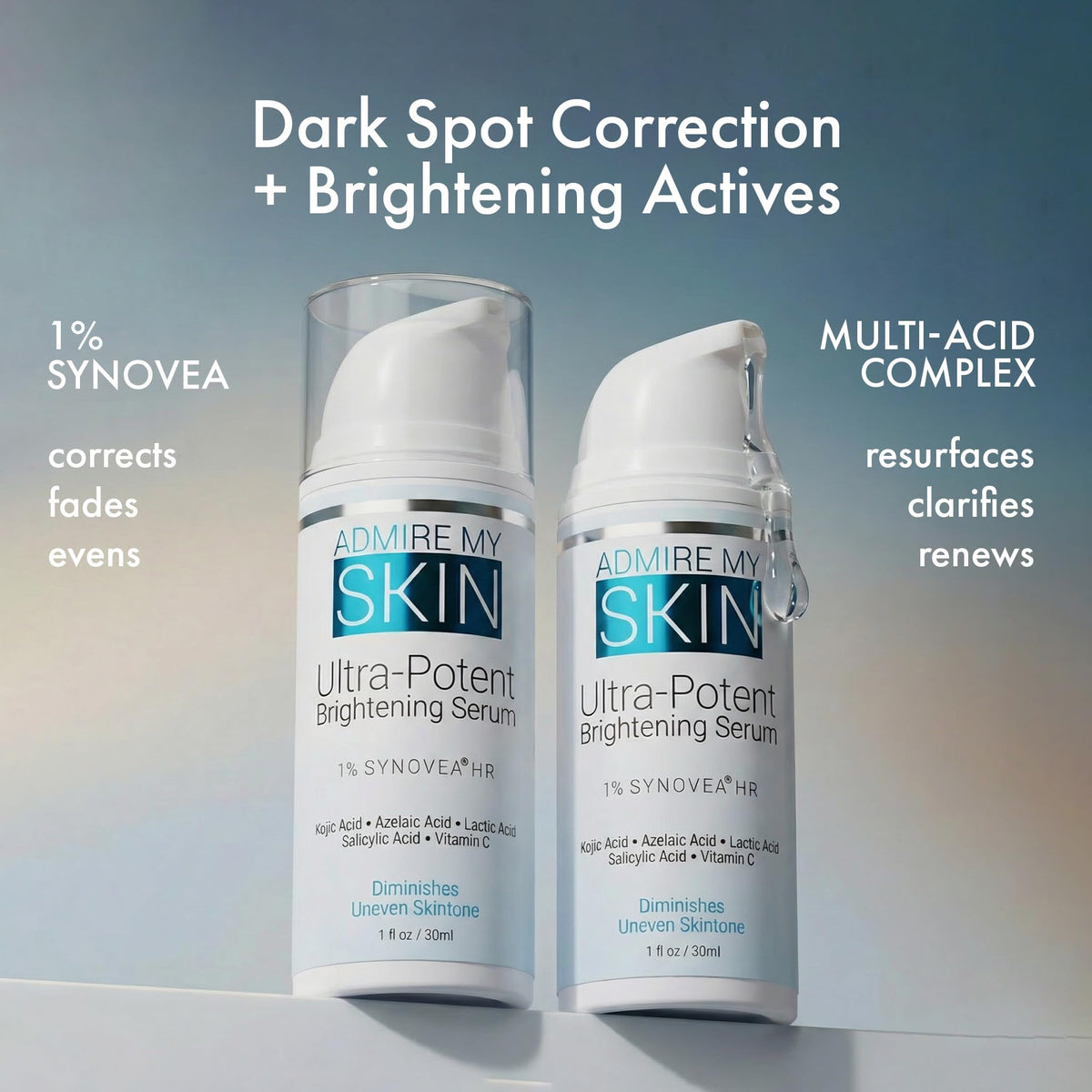 Admire My Skin pump dispensing serum demonstrating easy, hygienic application