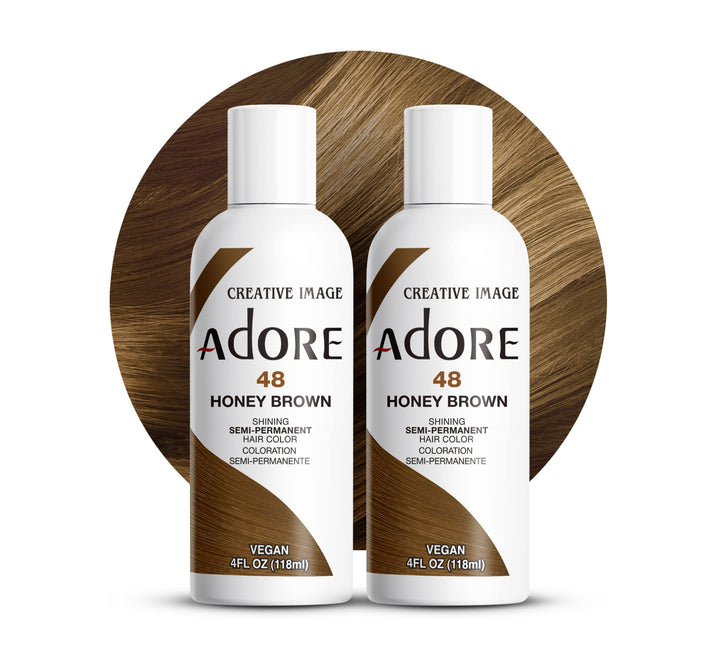 Adore bottle front packaging showing 048 Honey Brown and vegan label for easy identification