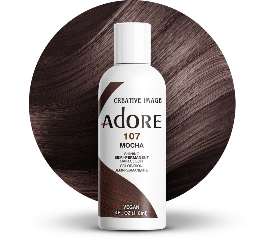 Adore front bottle of 107 Mocha showing label and ready-to-use benefit