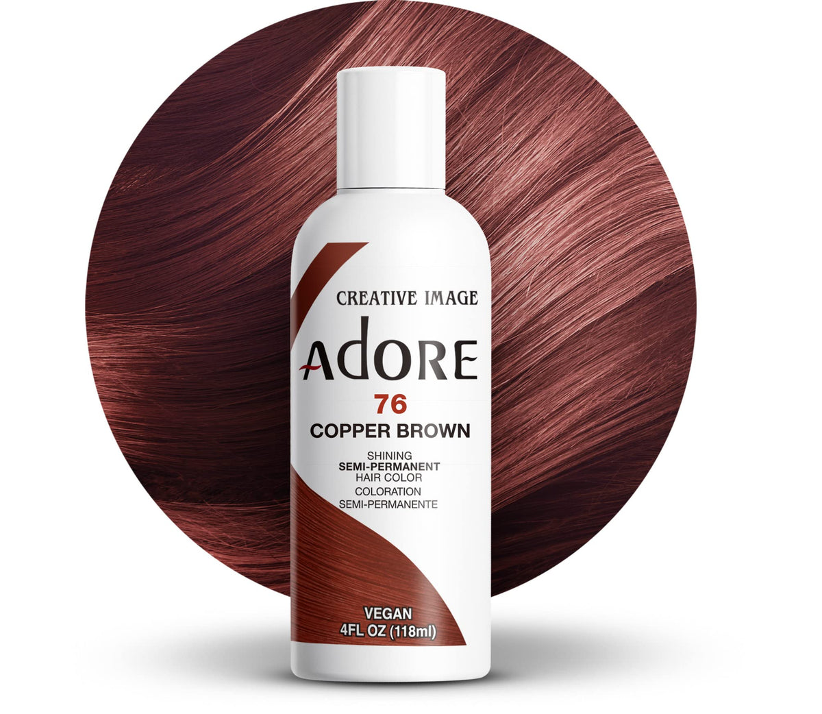 Adore front bottle of 076 Copper Brown showing label and ready-to-use convenience