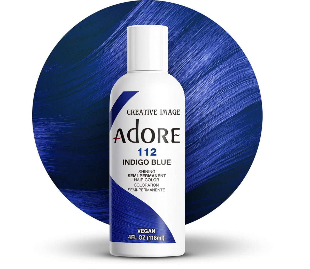 Adore bottle of 112 Indigo Blue showing front label and ready-to-use benefit