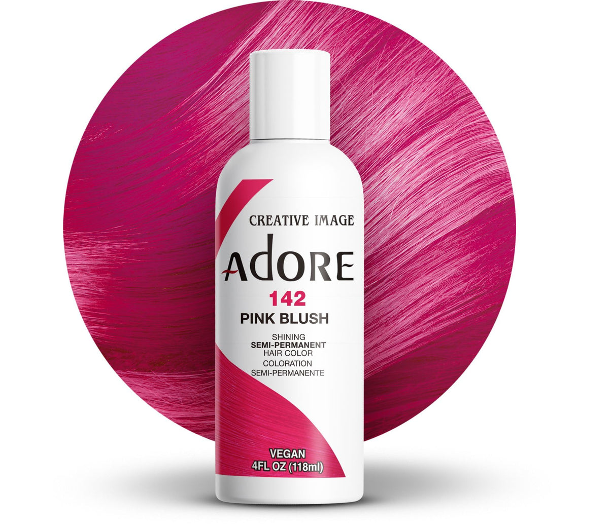 Adore front bottle showing Pink Blush shade and clear usage benefit