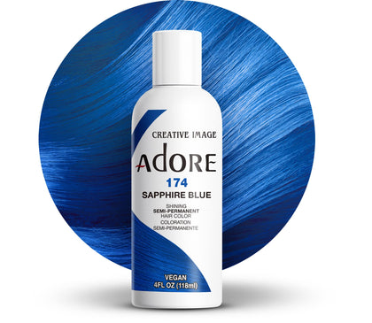 Adore bottle front view showing sapphire blue shade and label, clear product benefit