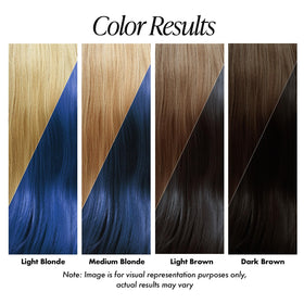 Adore hair swatch with sapphire blue result, demonstrates vibrant color payoff