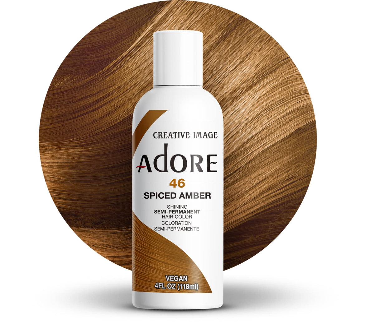 Adore front packaging showing spiced amber shade and vegan label for easy selection
