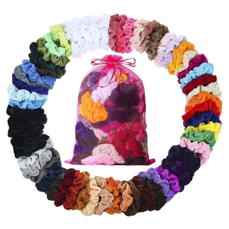 ADRIONE front packaging showing 60 velvet scrunchies and organized colors for convenience