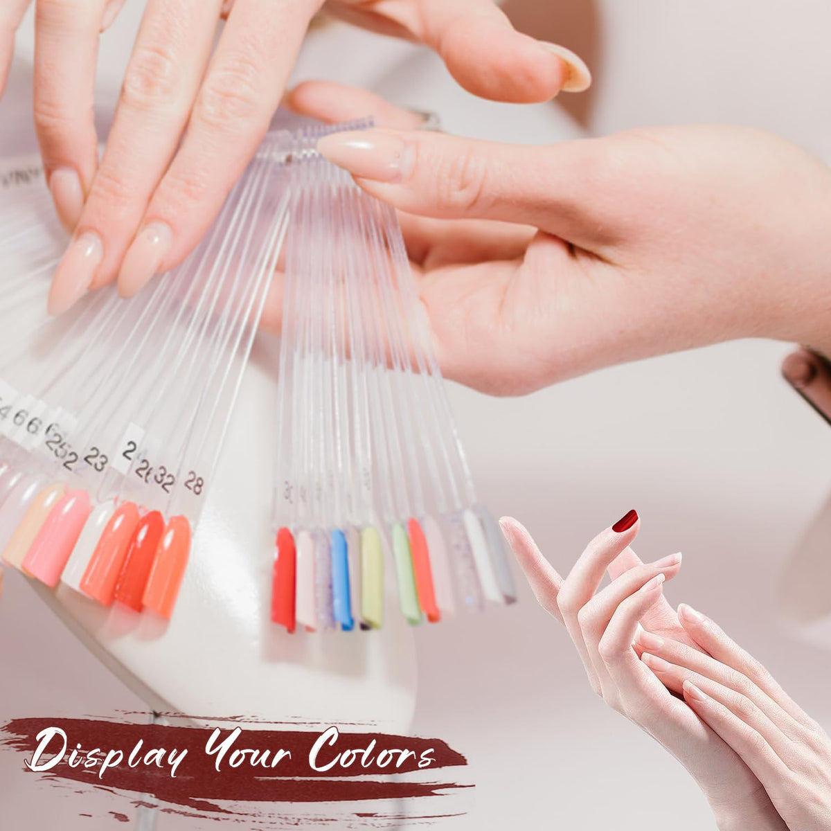 ADULLPONY swatch tips beside a hand to show size and realistic nail-scale comparison
