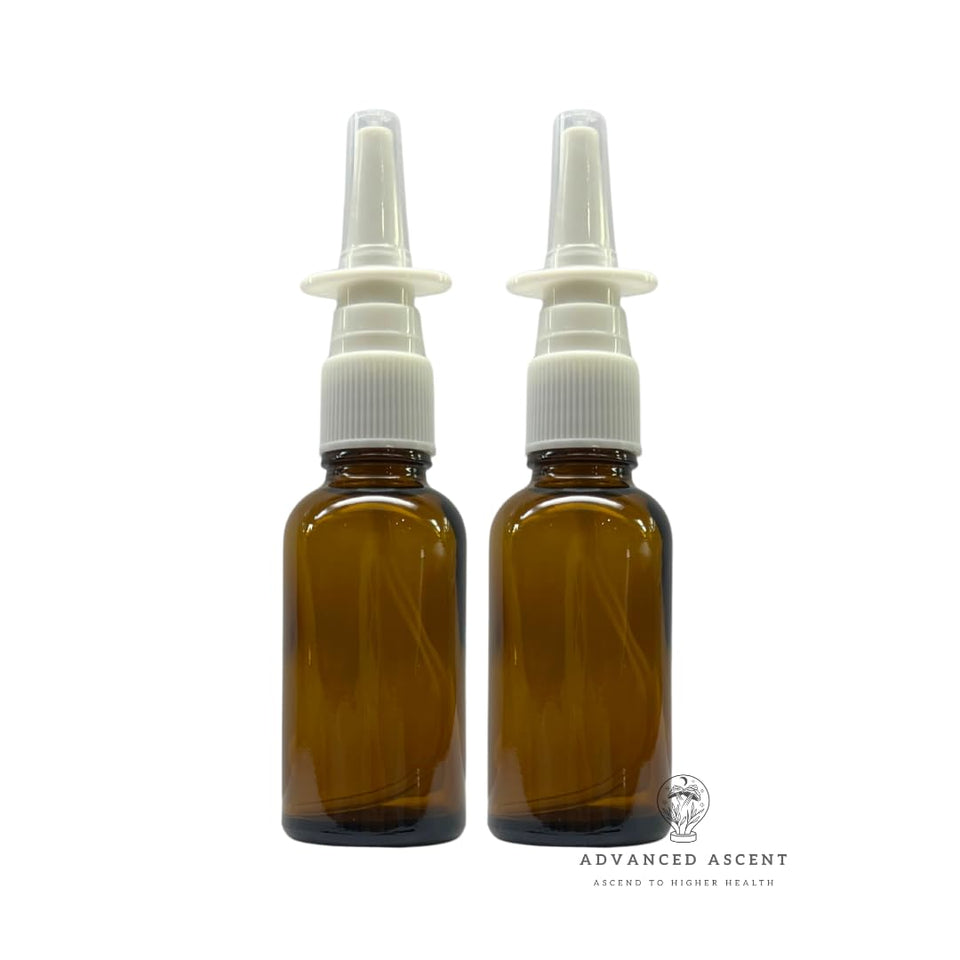 ADVANCED ASCENT amber glass two-pack front view showing bottles and sprayers for travel convenience