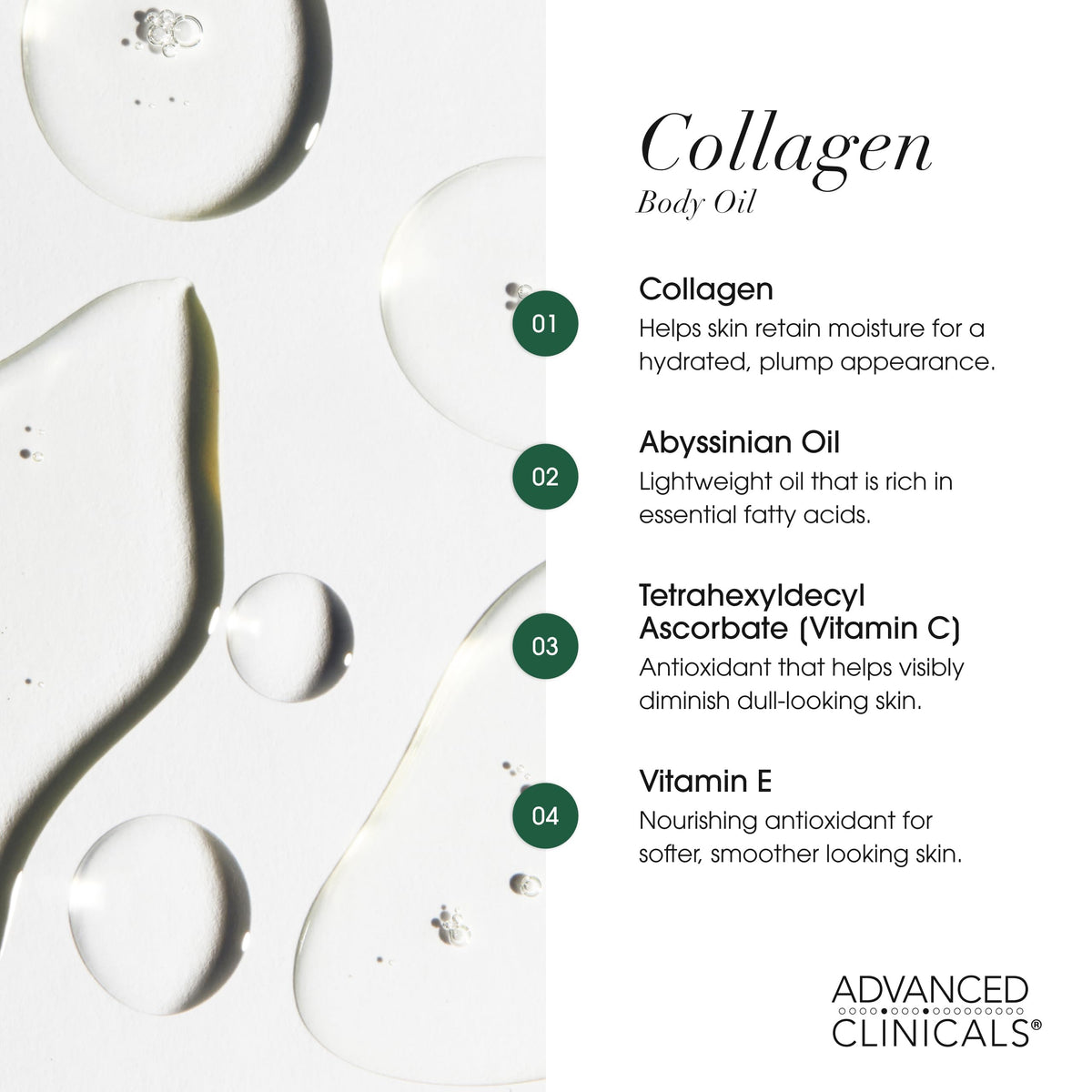 Advanced Clinicals texture drop of oil highlighting lightweight absorption