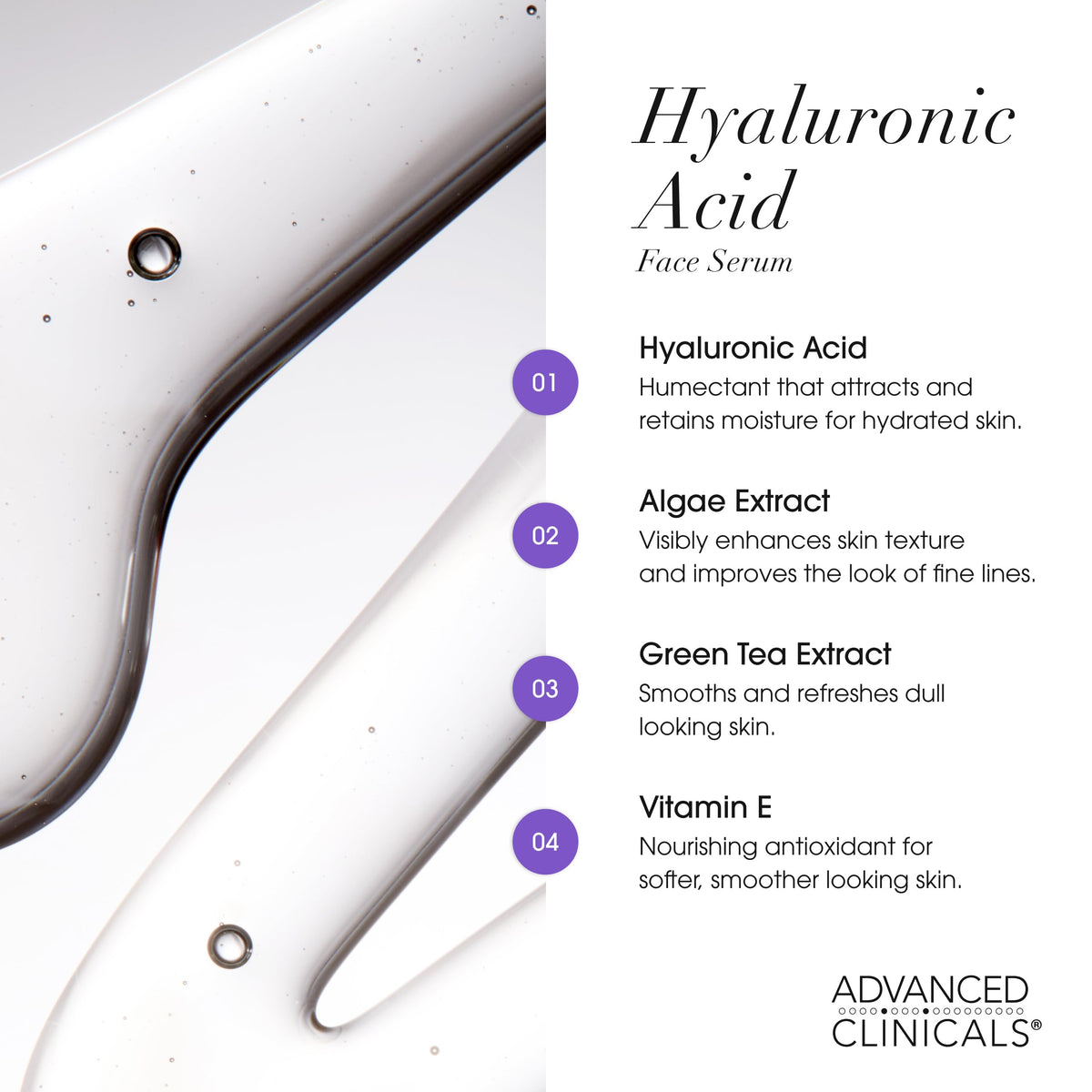 Advanced Clinicals ingredients label highlighting hyaluronic acid and botanicals