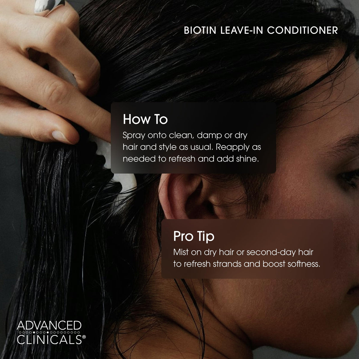 Advanced Clinicals in use on long hair during styling to illustrate easier combing and manageability