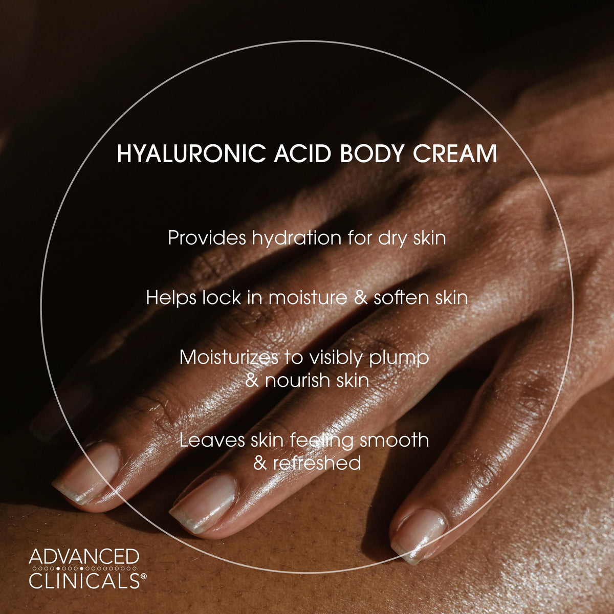 Advanced Clinicals label close-up listing hyaluronic acid, squalane, panthenol benefit