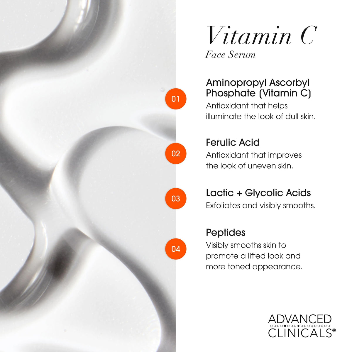 Advanced Clinicals ingredient list label highlighting key actives like vitamin C and AHAs