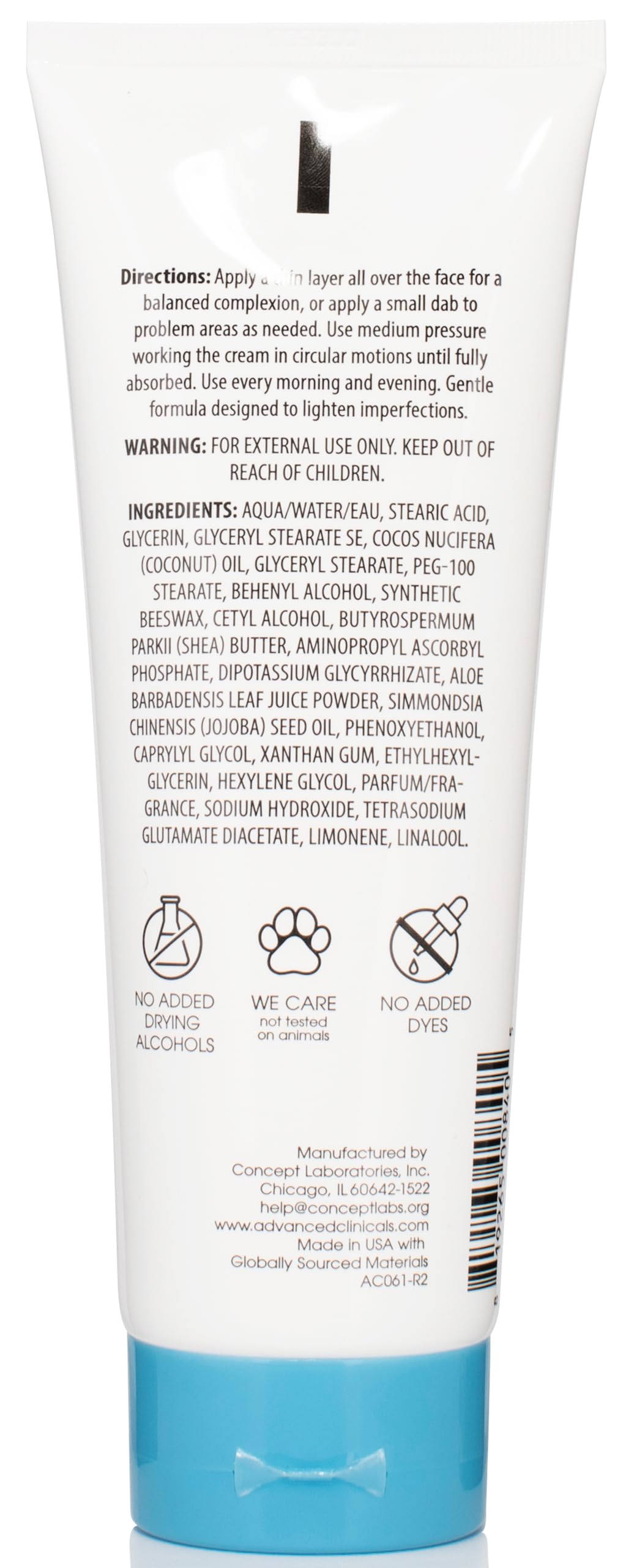 Advanced Clinicals product label and back instructions showing usage clarity benefit