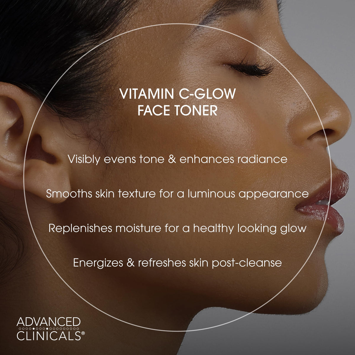 Advanced Clinicals label close-up listing vitamin C, ferulic acid, peptides