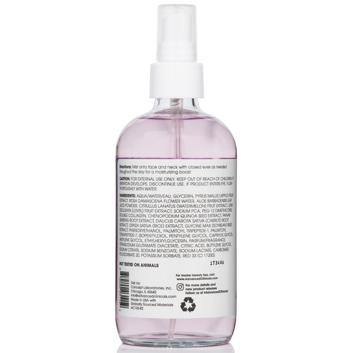 Advanced Clinicals open bottle showing clear liquid for purity and gentle hydration