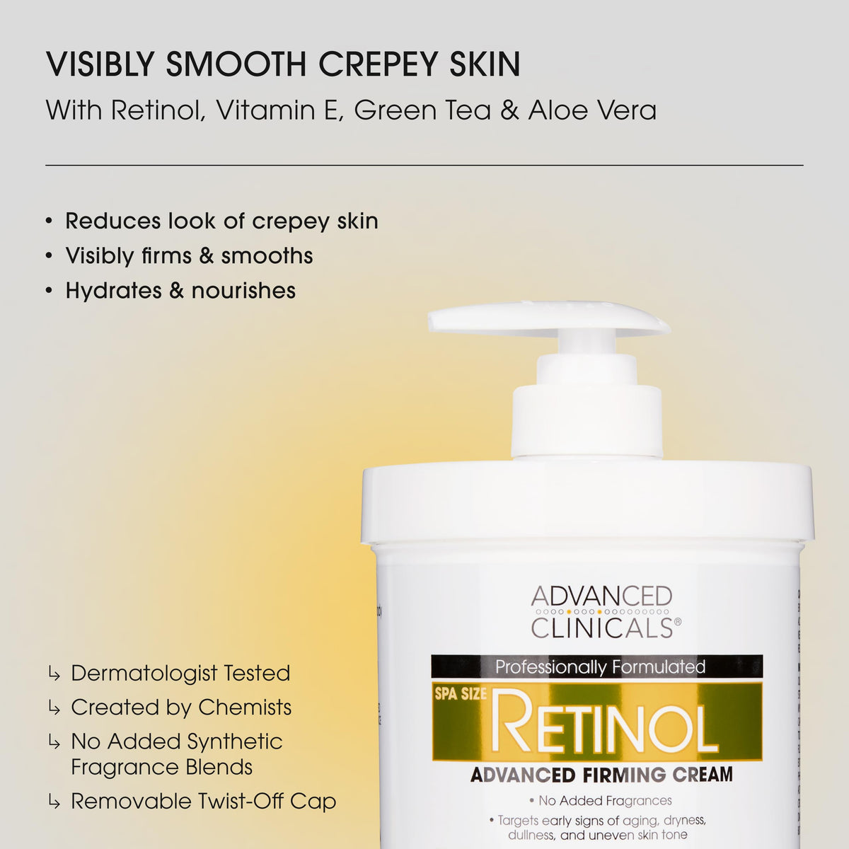 Advanced Clinicals retinol lotion pump closeup highlighting smooth dispense