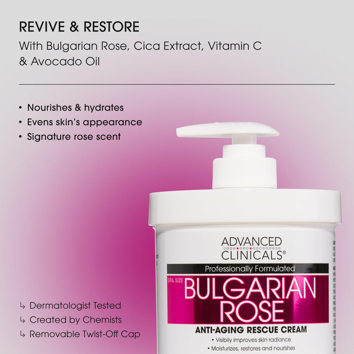 Advanced Clinicals jar and pump close-up highlighting easy dispensing and smooth application