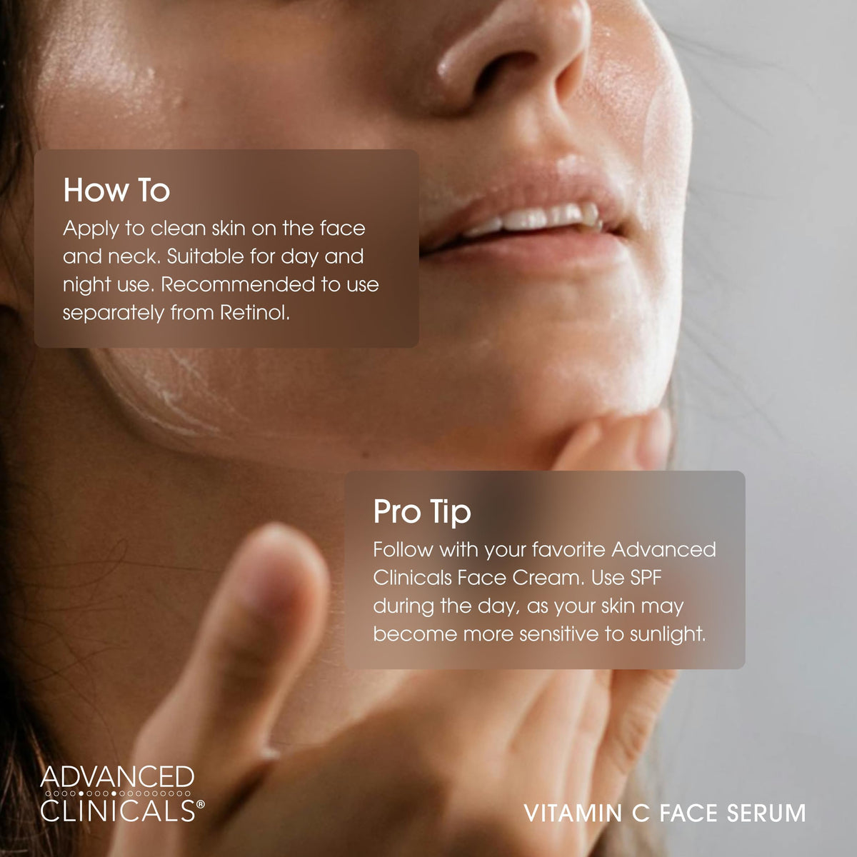 Advanced Clinicals serum on fingers illustrating lightweight consistency and easy absorption