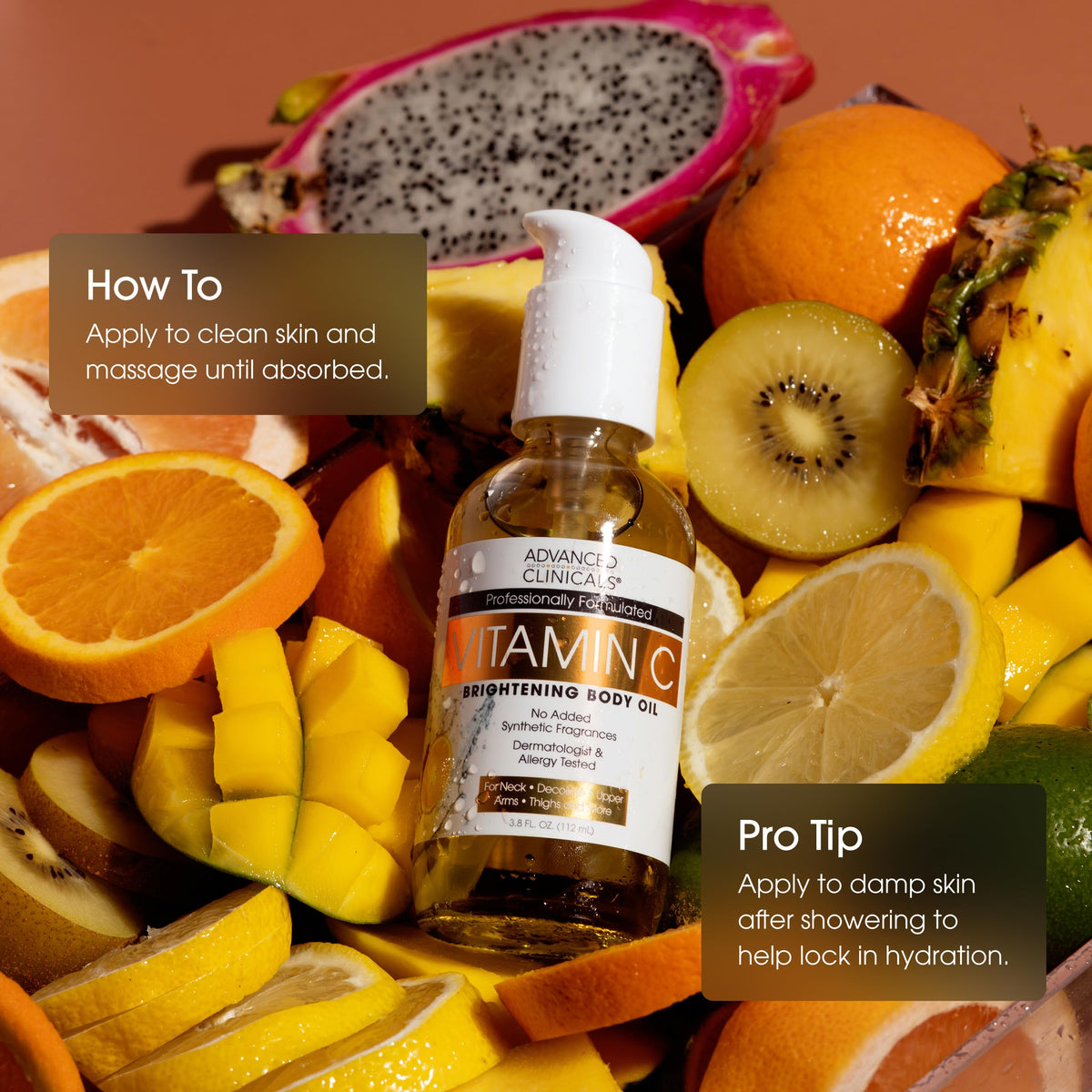 Advanced Clinicals bottle next to scale showing the 3.8 fl oz size benefit