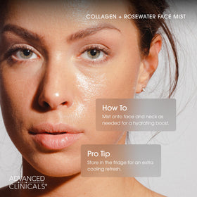 Advanced Clinicals misting on model to refresh skin and add dewy radiance