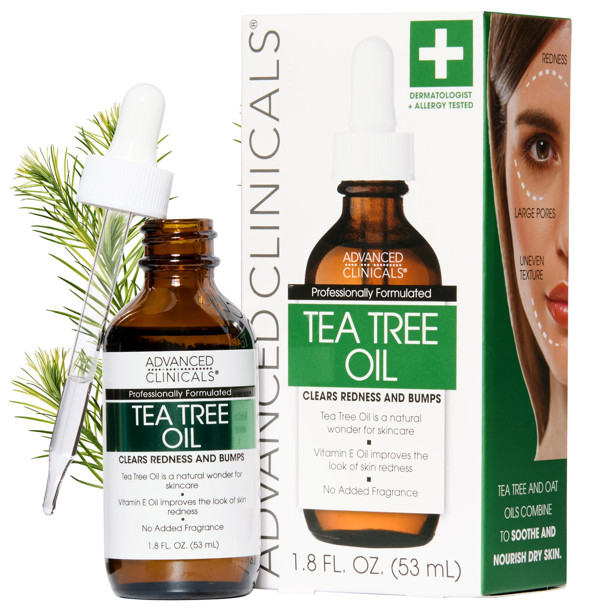 Advanced Clinicals front bottle showing tea tree serum and sleek packaging benefit: easy identification