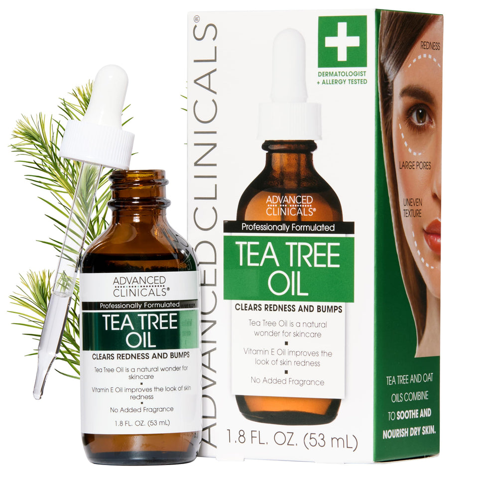 Advanced Clinicals front bottle showing tea tree serum and sleek packaging benefit: easy identification