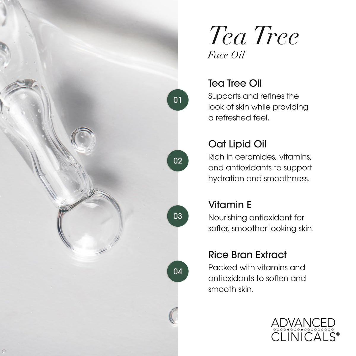 Advanced Clinicals ingredient label detail listing tea tree, oat lipid oil, vitamin E benefit clarity
