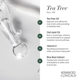 Advanced Clinicals ingredient label detail listing tea tree, oat lipid oil, vitamin E benefit clarity