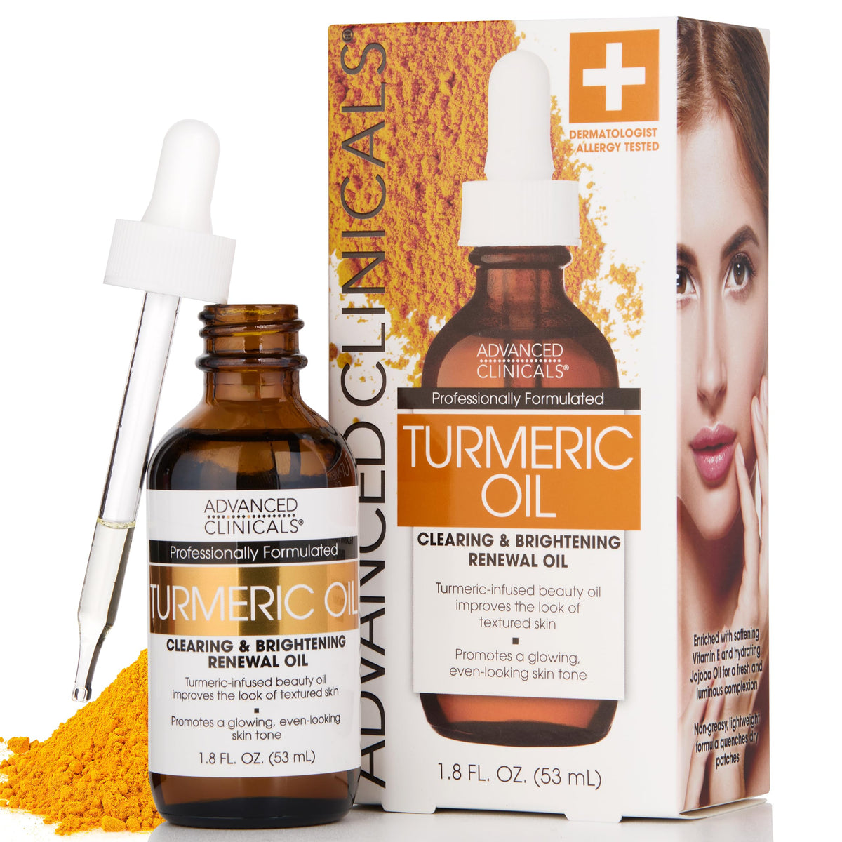 Advanced Clinicals front bottle view showing turmeric oil serum and glow