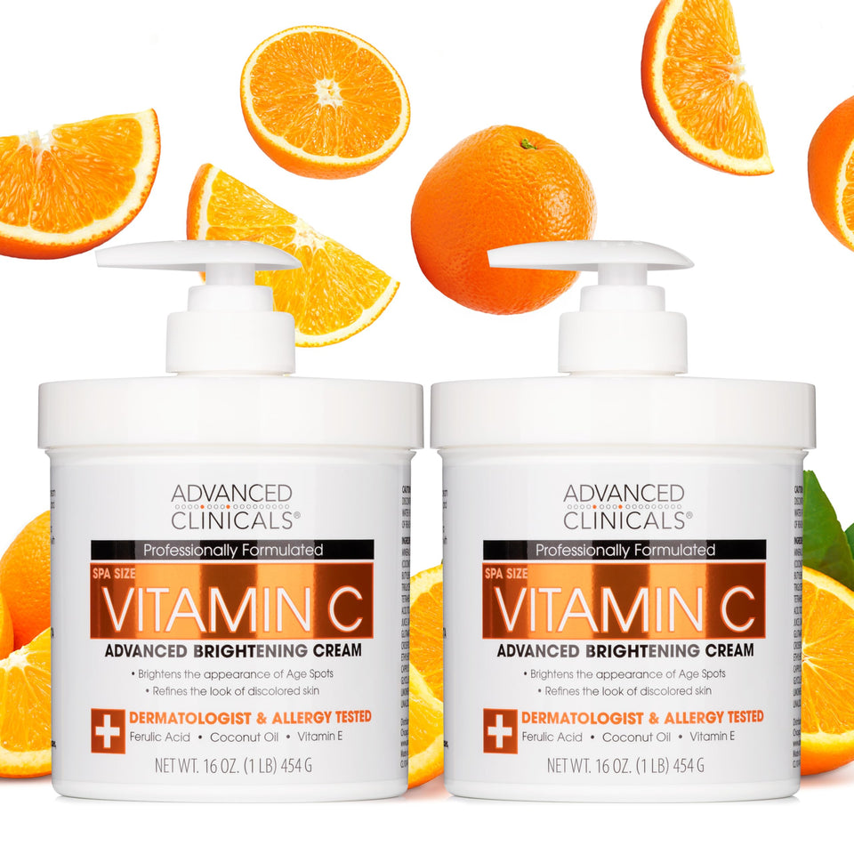 Advanced Clinicals front packaging showing two jars and brightening benefit