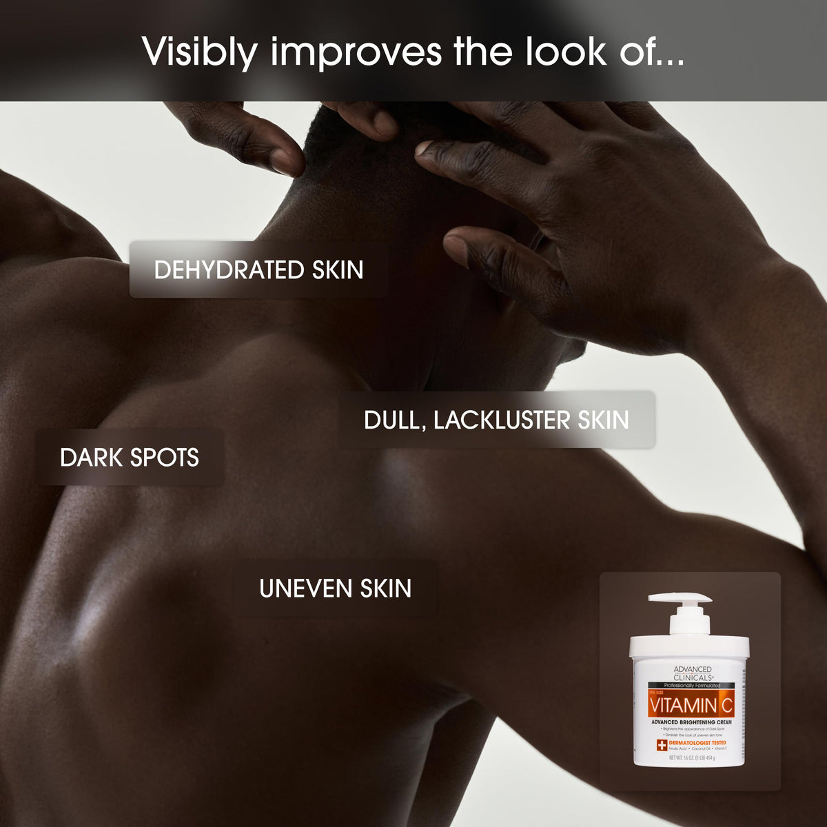 Advanced Clinicals ingredient display with vitamin C and antioxidants for brighter tone