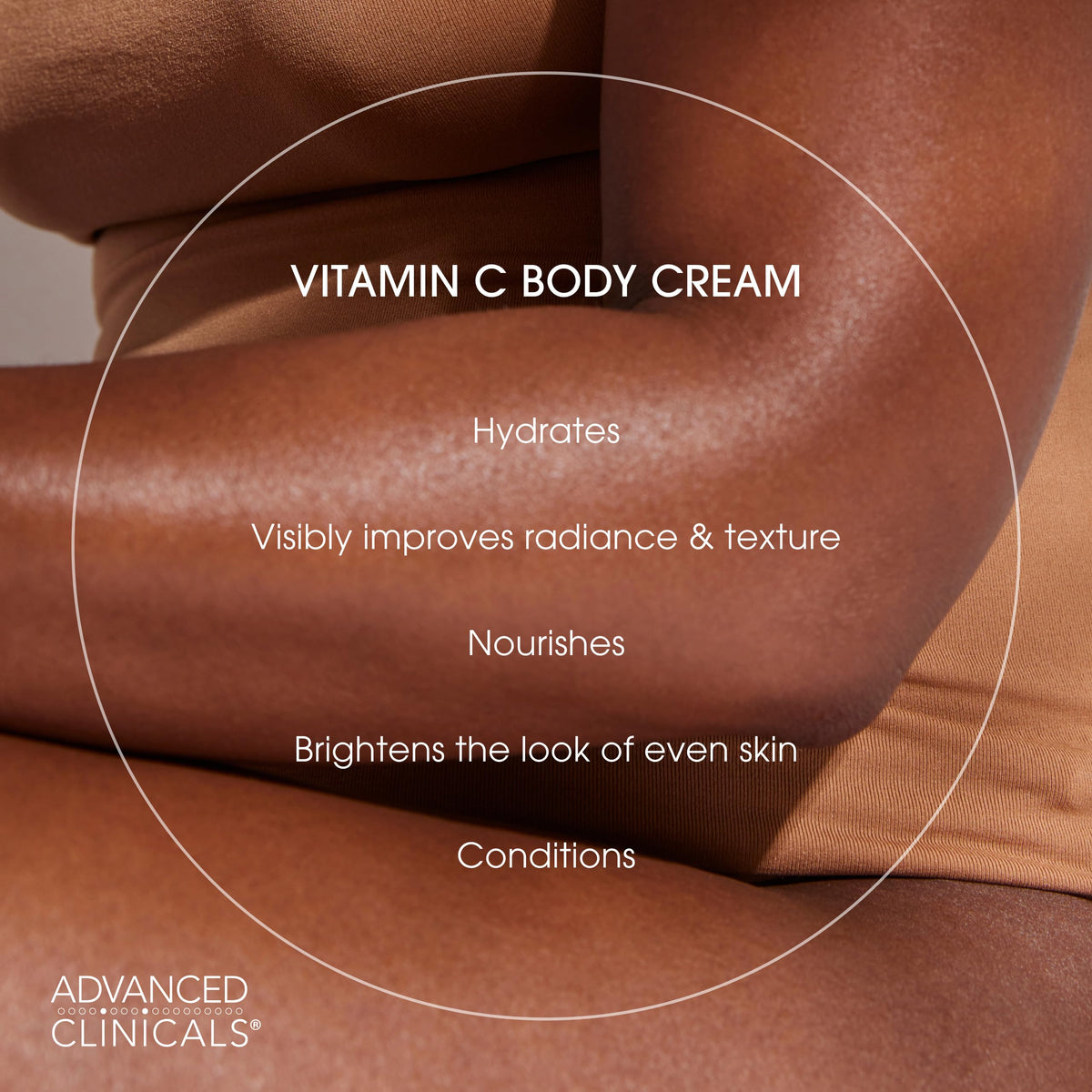 Advanced Clinicals ingredients flatlay with vitamin C, coconut oil, vitamin E
