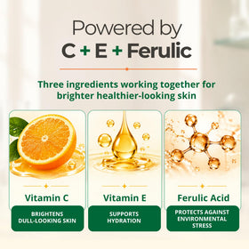 Advanced Skin Care label close-up listing vitamin C ferulic and hyaluronic